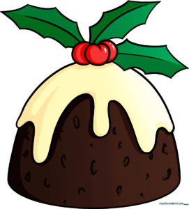 A colorful, festive illustration of a Christmas pudding topped with holly and icing.