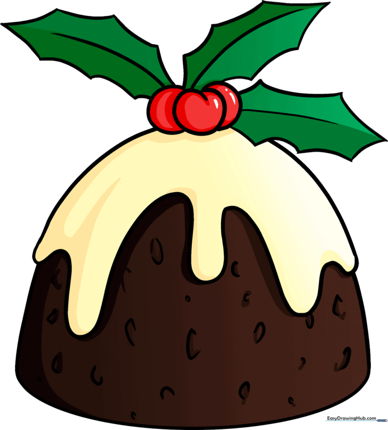 A colorful, festive illustration of a Christmas pudding topped with holly and icing.