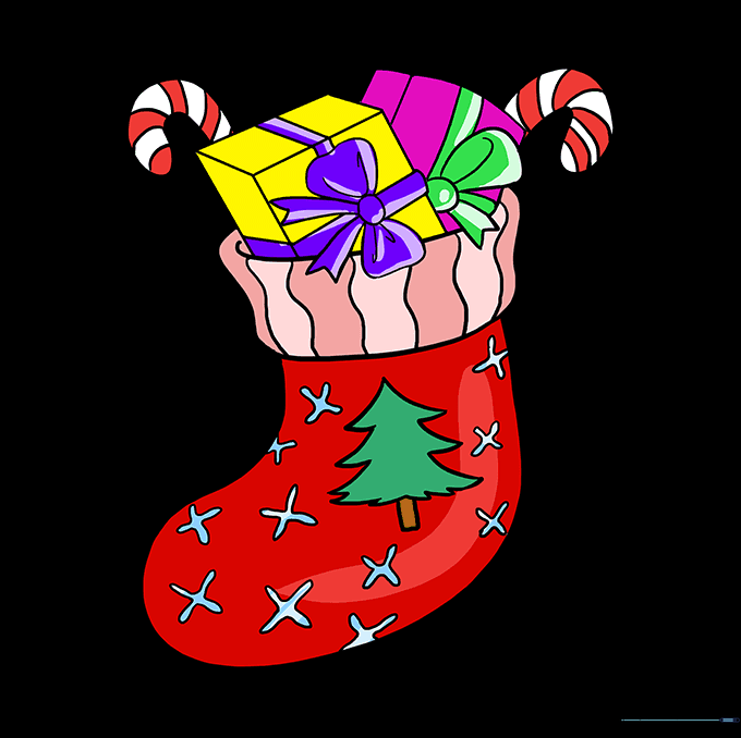 A fully colored and decorated Christmas stocking drawing.