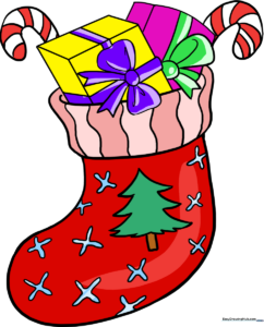 A festive, fully colored Christmas stocking filled with gifts and candy canes.