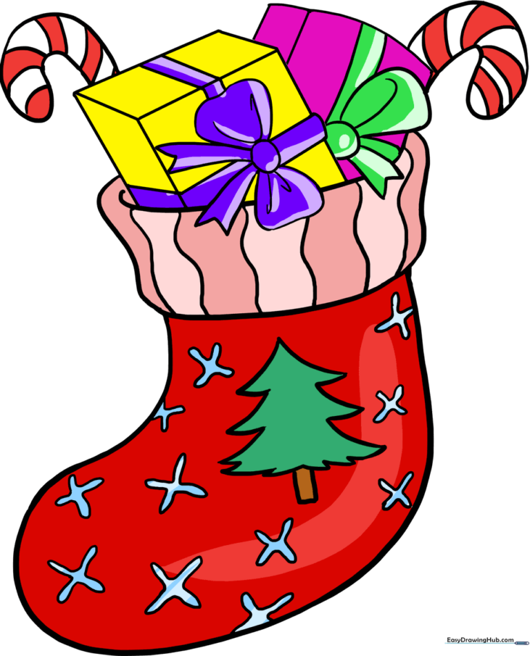 A festive, fully colored Christmas stocking filled with gifts and candy canes.