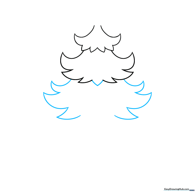Drawing the third layer of the Christmas tree with jagged, pointed edges.