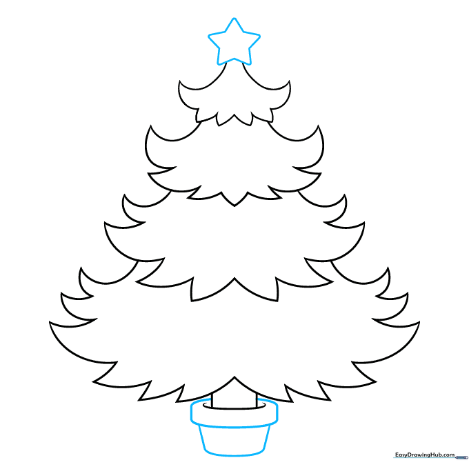 Adding a star topper and a flower pot base to the tree drawing.