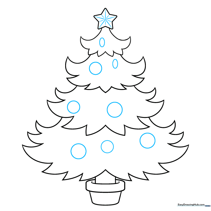 Adding detail lines to the star and circular ornaments to the tree branches.