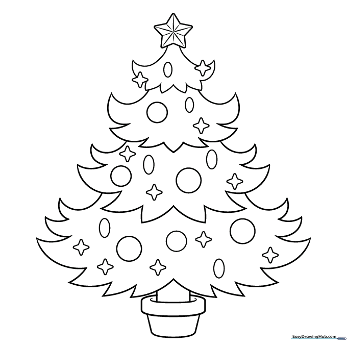 A fully colored, festive Christmas tree drawing with ornaments and a star.