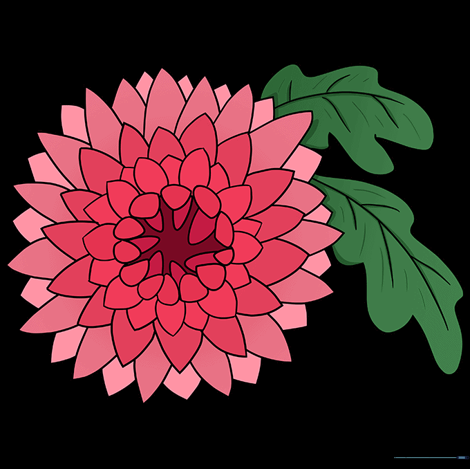The completed, colored chrysanthemum drawing with vibrant petals and green leaves.