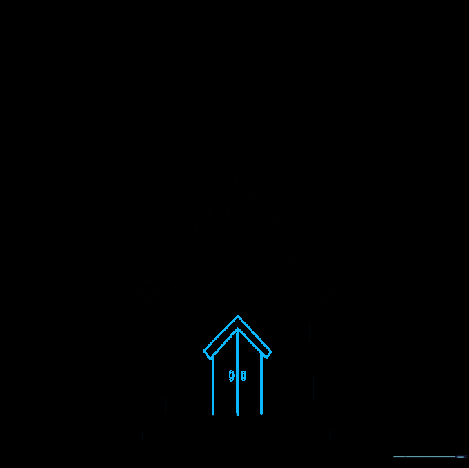 Detailed sketch of the church entrance with a pointed arch door and small circular handles.