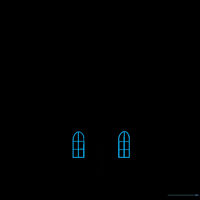 Sketching arched windows with cross-pane details on the front facade of the church.
