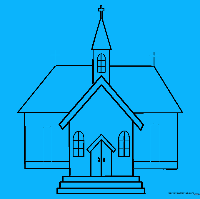 Adding final details including side windows and small crosses on the roof corners.