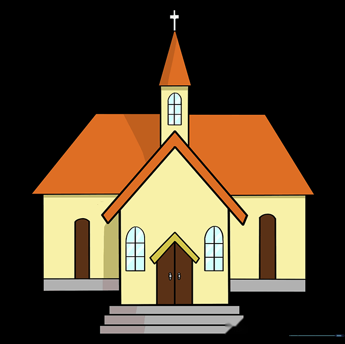 A finished, colored drawing of a church with a steeple and side wings.