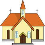 A completed, colorful drawing of a church, showcasing the final result of the tutorial.
