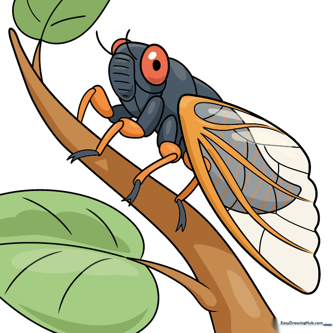A fully colored, vibrant cartoon cicada drawing on a branch.
