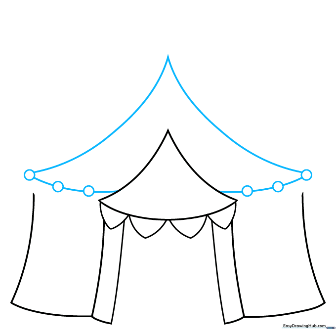Adding the main roof structure with small circles along the bottom edge.