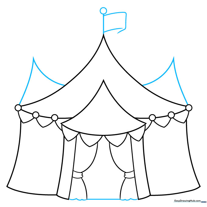 Drawing the central flagpole with a waving flag on top.