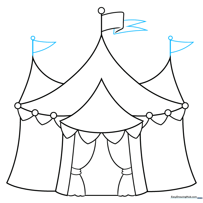 Adding multiple flagpoles to the different peaks of the circus tent roof.