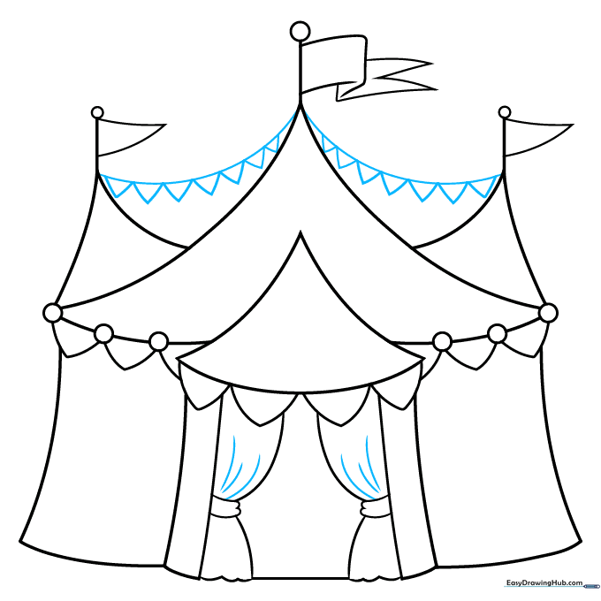 Drawing a festive triangular garland connecting the flagpoles.