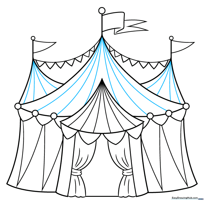 Finalizing the outline of the circus tent with clean, dark lines.