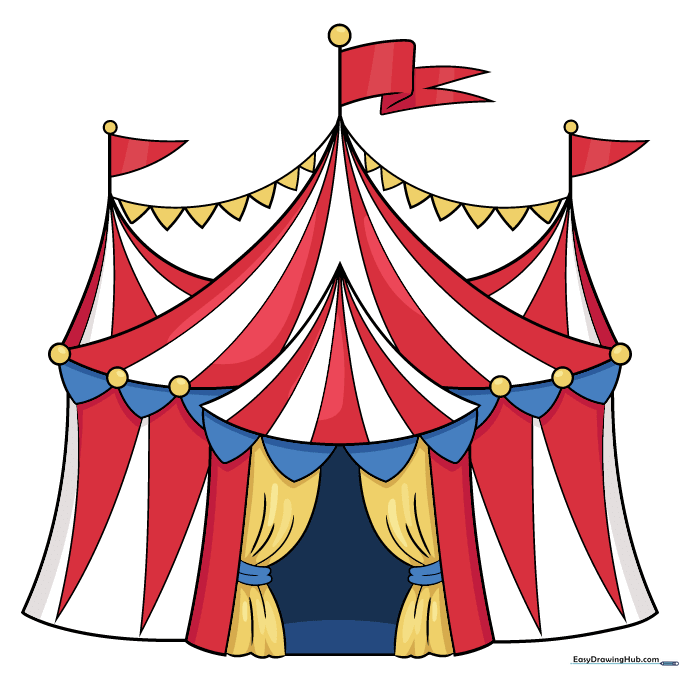 A fully colored, vibrant circus tent drawing with red and yellow stripes.