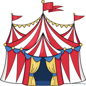 Colorful, completed circus tent drawing with flags and banners.