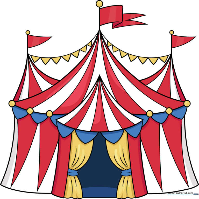 Colorful, completed circus tent drawing with flags and banners.