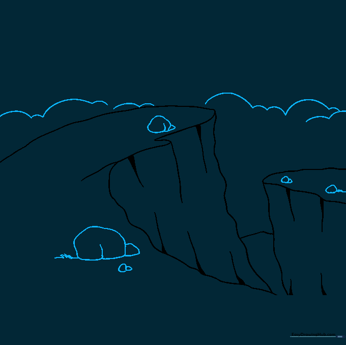 Clouds drawn with U-shapes and small rocks scattered at the base of the cliffs.