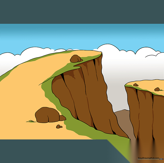 A fully colored cliff landscape with blue sky and earthy rock tones.