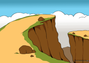 A finished, colored drawing of a scenic cliff landscape with clouds.