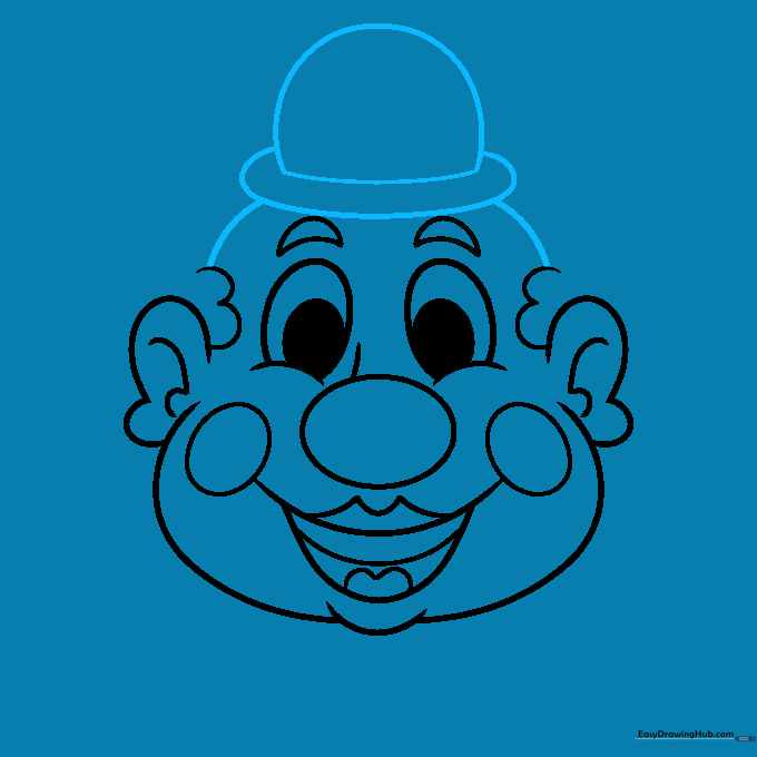 Drawing a small, whimsical hat sitting on top of the clown's head.