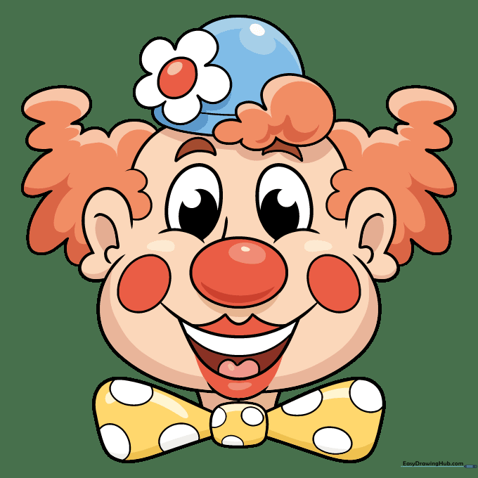 A fully colored, cheerful cartoon clown face with bright red, yellow, and blue accents.