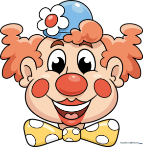 A vibrant, finished cartoon clown face drawing, serving as a guide for the final result.