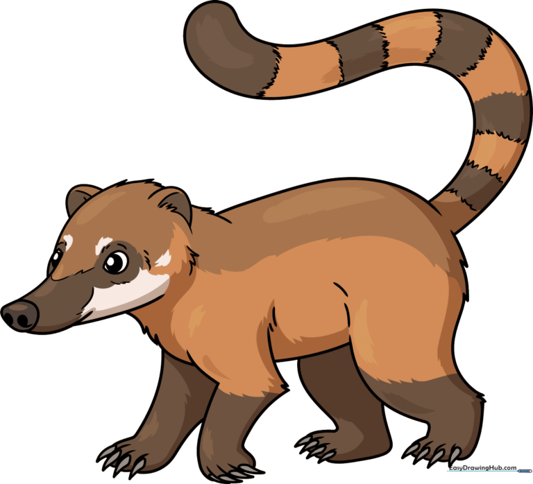 A vibrant, finished drawing of a coati standing in a jungle setting.