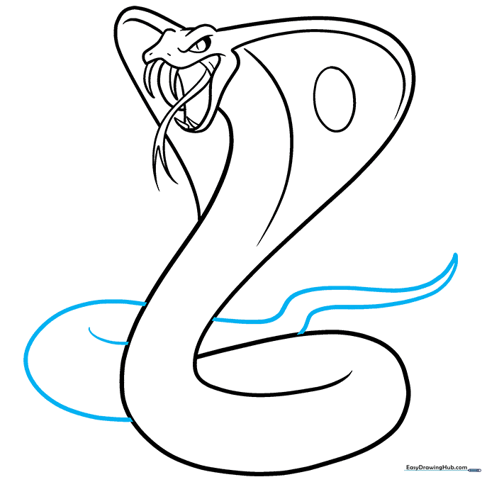 Drawing the coiled neck and the pointed tail of the snake.