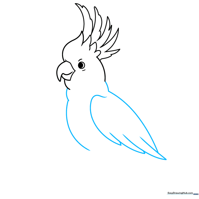 Outlining the cockatoo's body and folded wing using layered, pointed feather shapes.