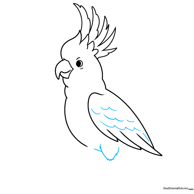 Adding texture to the wing with U-shaped lines and sketching the upper leg feathers.