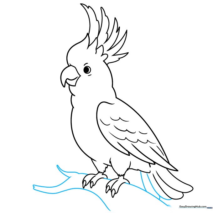 Completing the tail feathers and adding a branch for the cockatoo to stand on.