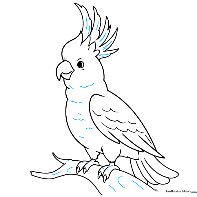 Adding final textural details to the bird's body and the tree branch.