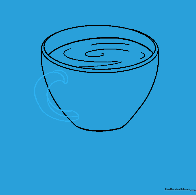 Adding a C-shaped handle to the side of the coffee mug sketch.