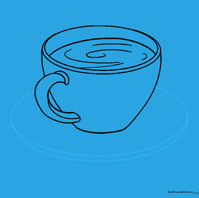 Sketching a saucer base underneath the coffee mug.