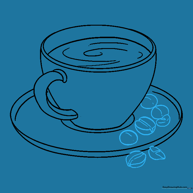 Drawing small coffee beans with center splits next to the saucer.