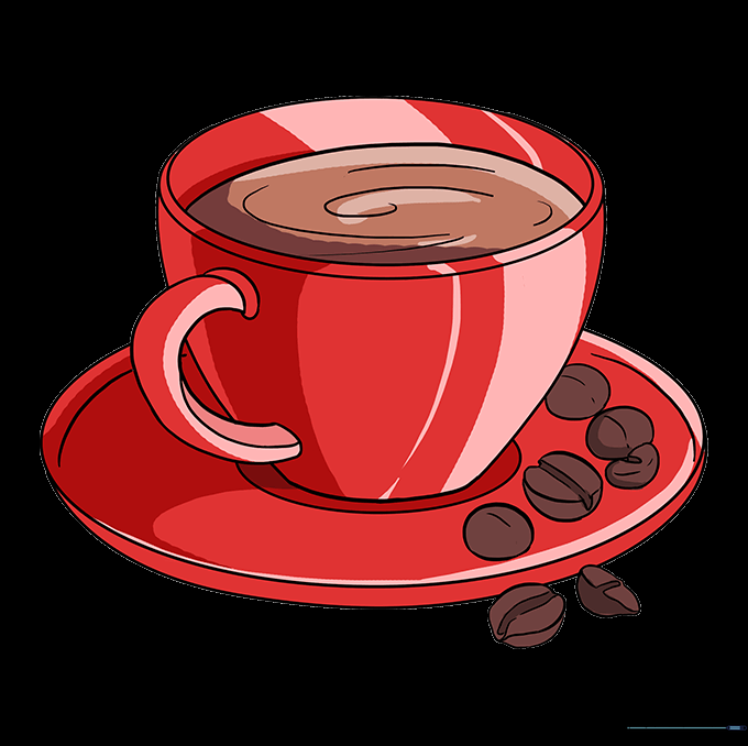 A fully colored coffee cup and saucer drawing with coffee beans.