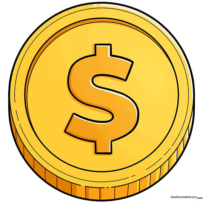 Finished, colored coin drawing with yellow and orange tones to show metallic shine.