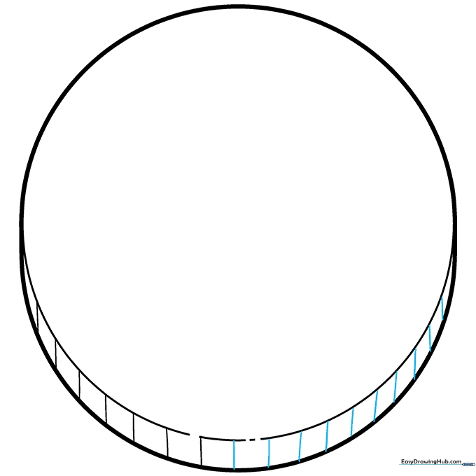 Coin outline fully detailed with small vertical dashes around the entire perimeter.