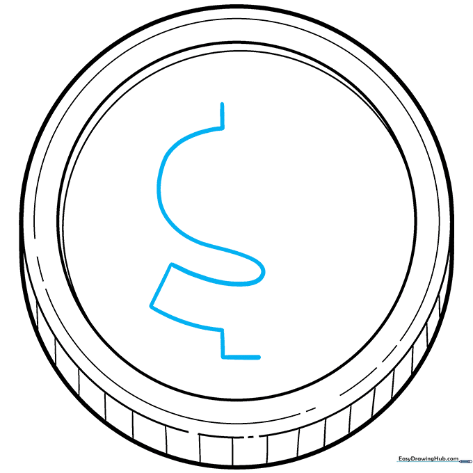 A dollar sign symbol being drawn inside the center of the coin.