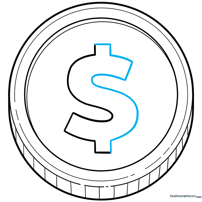 Finalized ink outline of the coin with a clear dollar sign in the center.