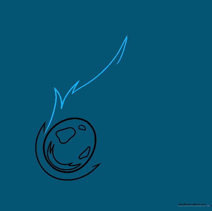 Drawing the initial curved lines of the comet's tail extending from the coma.