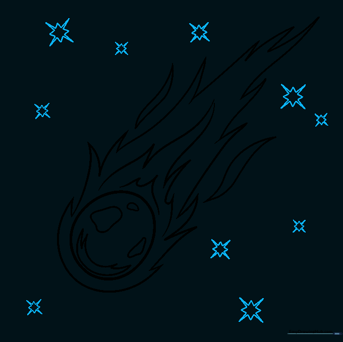 Drawing eight-pointed stars of different sizes around the comet to complete the scene.
