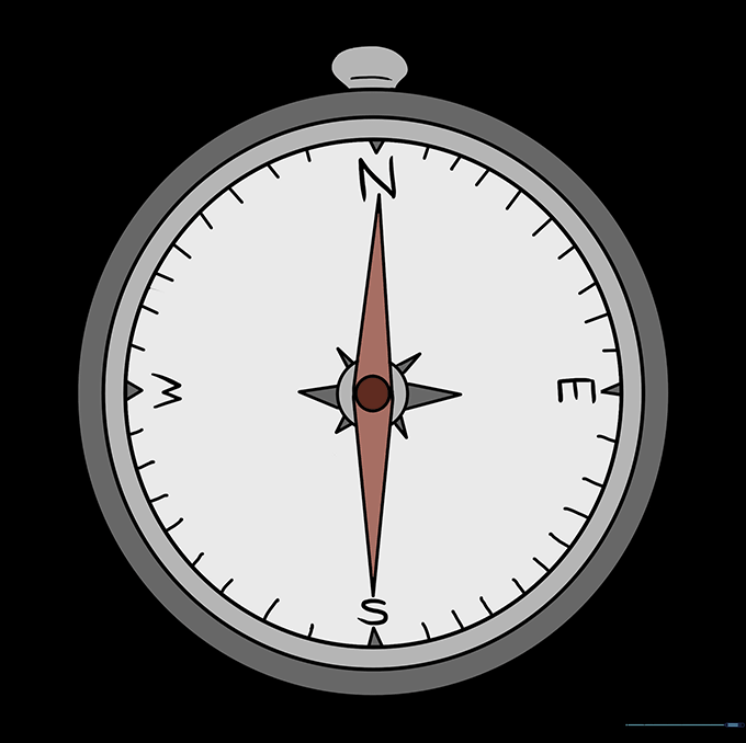 A fully colored and detailed compass drawing with metallic tones and a red needle.