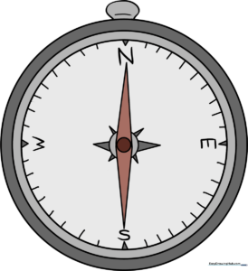 A vibrant, finished illustration of a classic magnetic compass, showcasing the needle and cardinal directions.