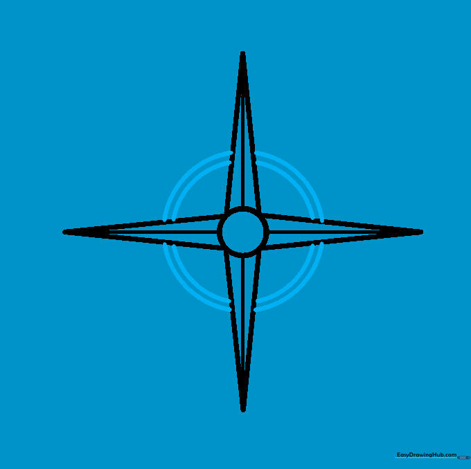 Two concentric circles drawn around the center, appearing to weave behind the cardinal rays.
