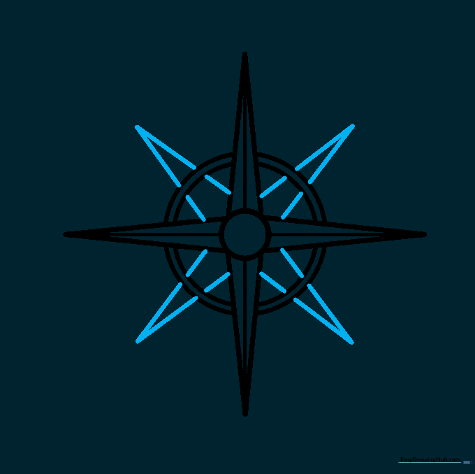 Four shorter intercardinal rays added between the main cardinal rays.